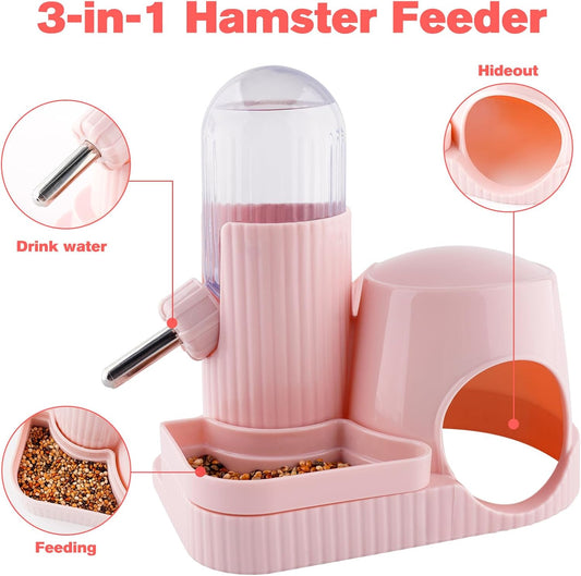 3 in 1 Multifunctional Hamster Water Bottle No Drip Gerbil 100ML Water Bottle Dispenser with Food Bowl Small Animal Auto Dispenser with Hideout Base Hamster Cage Accessories (Pink)