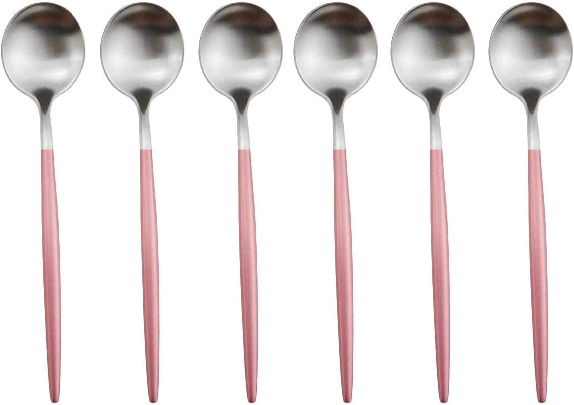 Pink Silver Flatware, Royal 6 Pieces Matte Pink Handle 18/10 Stainless Steel Dessert Spoon Salad Spoon 7.2", Camping Cutlery Silverware Travel Utensils Set Tableware