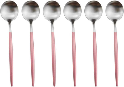 Pink Silver Flatware, Royal 6 Pieces Matte Pink Handle 18/10 Stainless Steel Dessert Spoon Salad Spoon 7.2", Camping Cutlery Silverware Travel Utensils Set Tableware