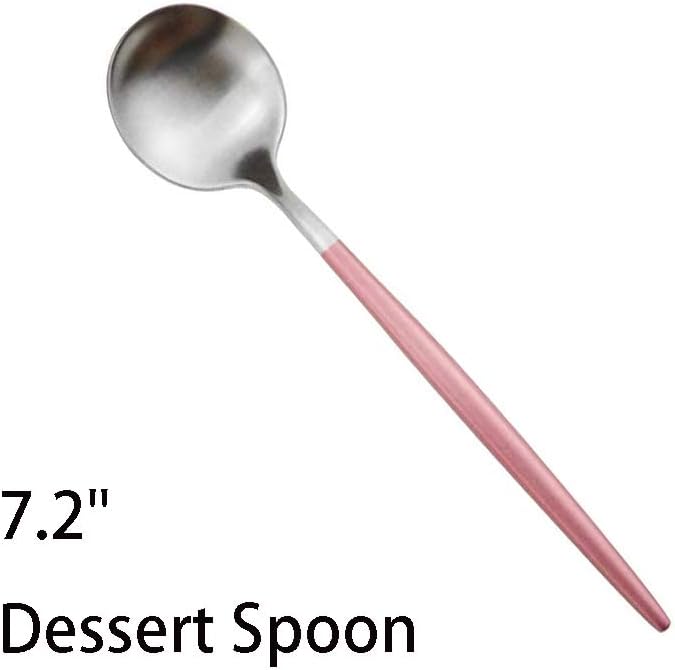 Pink Silver Flatware, Royal 6 Pieces Matte Pink Handle 18/10 Stainless Steel Dessert Spoon Salad Spoon 7.2", Camping Cutlery Silverware Travel Utensils Set Tableware