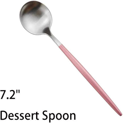 Pink Silver Flatware, Royal 6 Pieces Matte Pink Handle 18/10 Stainless Steel Dessert Spoon Salad Spoon 7.2", Camping Cutlery Silverware Travel Utensils Set Tableware