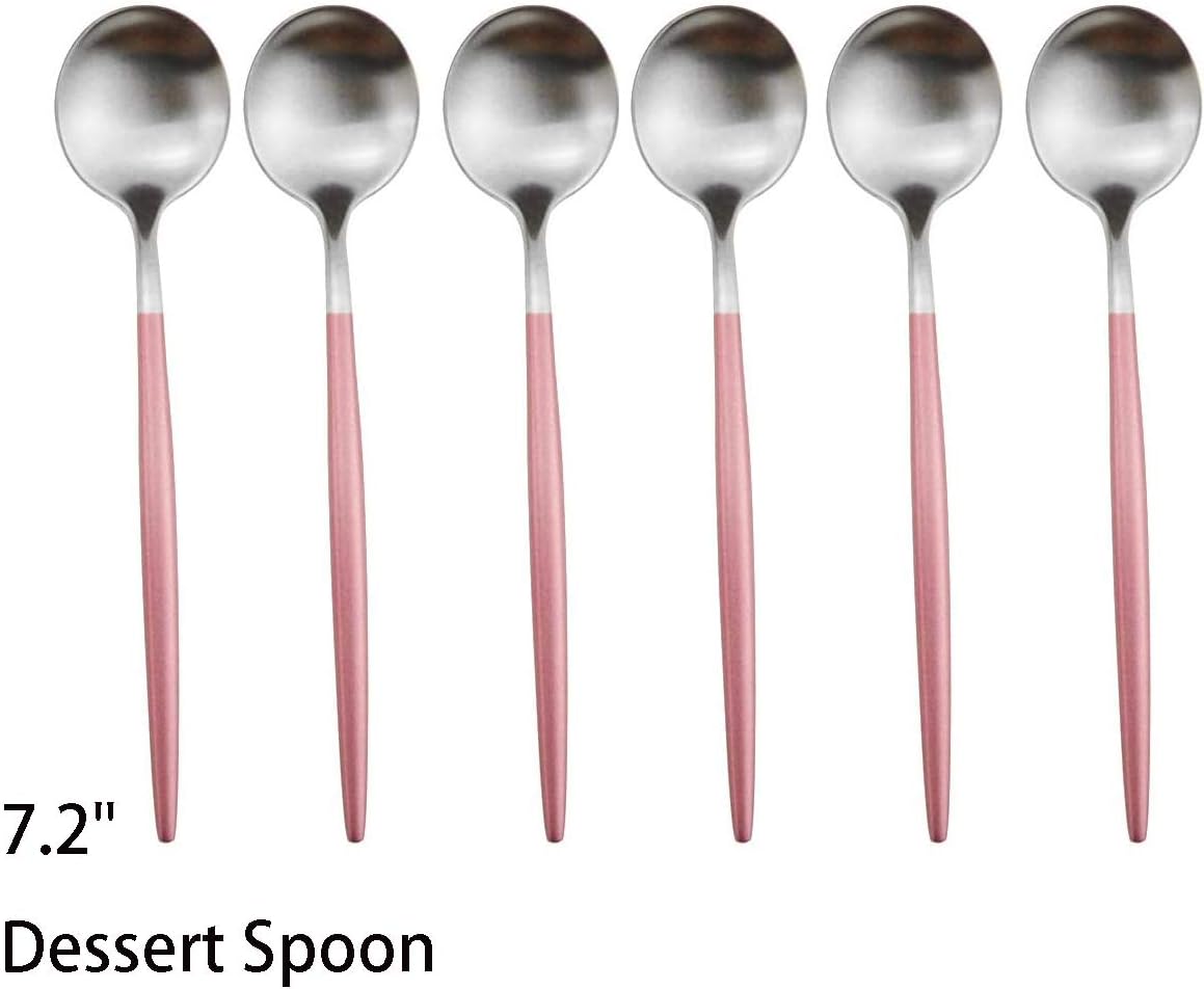 Pink Silver Flatware, Royal 6 Pieces Matte Pink Handle 18/10 Stainless Steel Dessert Spoon Salad Spoon 7.2", Camping Cutlery Silverware Travel Utensils Set Tableware
