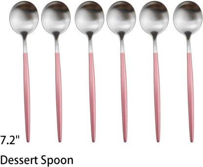 Pink Silver Flatware, Royal 6 Pieces Matte Pink Handle 18/10 Stainless Steel Dessert Spoon Salad Spoon 7.2", Camping Cutlery Silverware Travel Utensils Set Tableware