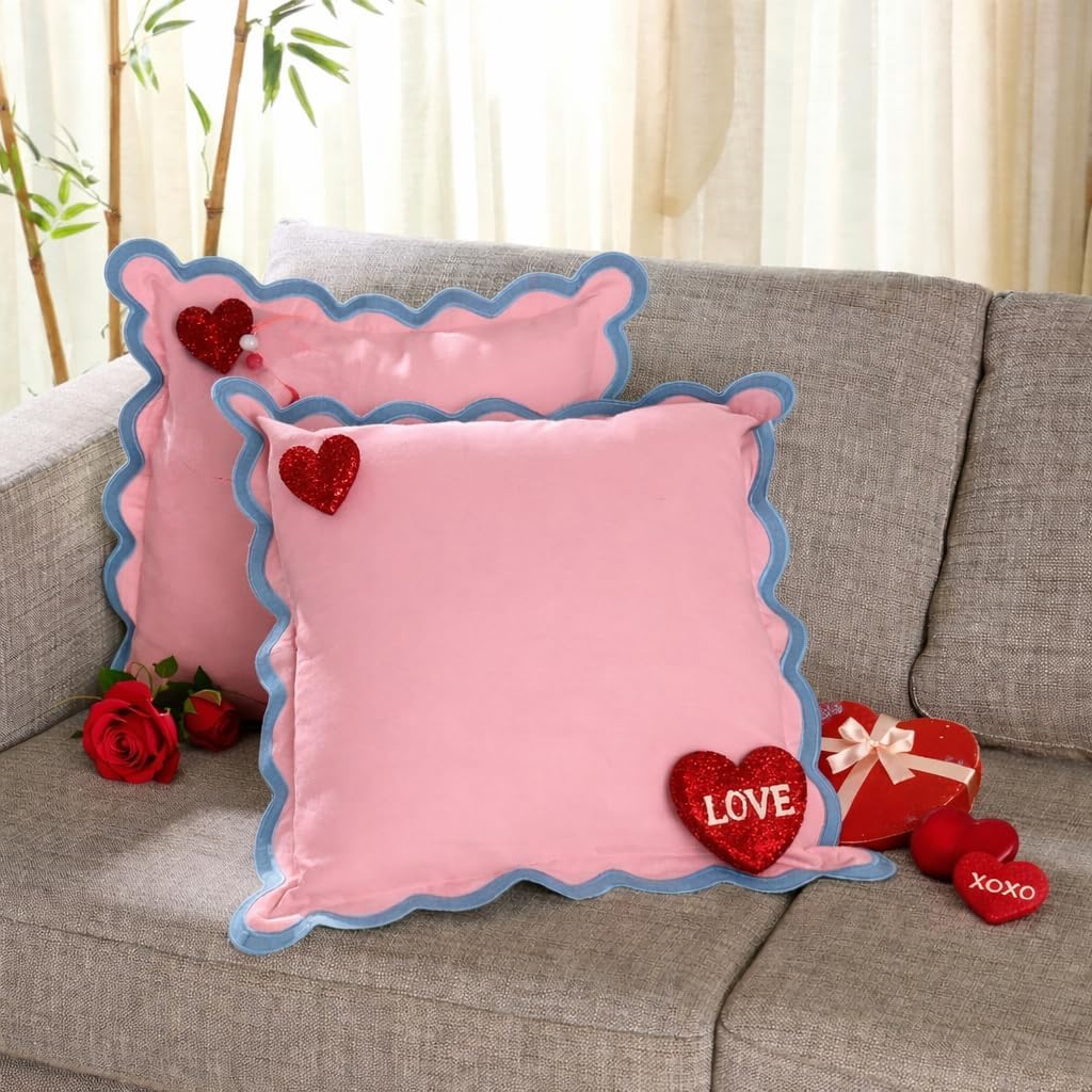 Throw Pillow Covers 18x18 Set of 2 | Cotton, Cute Pink Pillow Covers for Couch | Aesthetic, Preppy Scalloped Decorative Pillows for Living Room Décor, Hannah Montana Party Decorations
