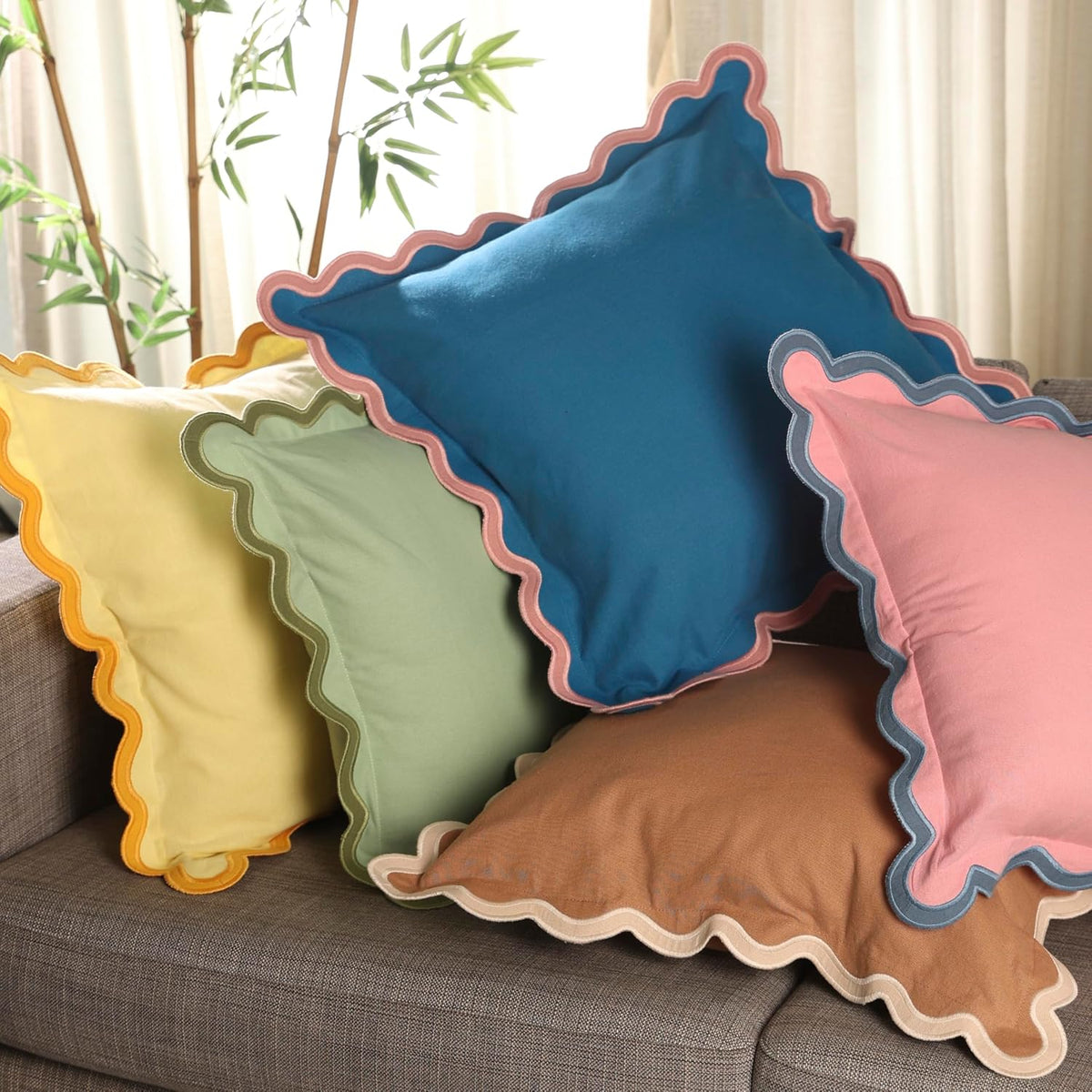 Throw Pillow Covers 18x18 Set of 2 | Cotton, Cute Pink Pillow Covers for Couch | Aesthetic, Preppy Scalloped Decorative Pillows for Living Room Décor, Hannah Montana Party Decorations