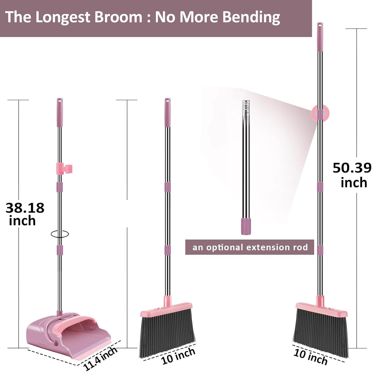 Broom and Dustpan Set for Home, Office, Indoor&Outdoor Sweeping, Stand Up Broom and Dustpan (Pink)