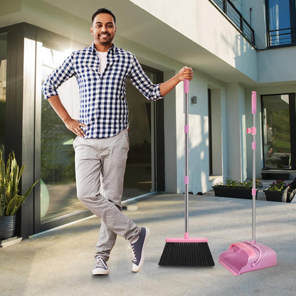 Broom and Dustpan Set for Home, Office, Indoor&Outdoor Sweeping, Stand Up Broom and Dustpan (Pink)