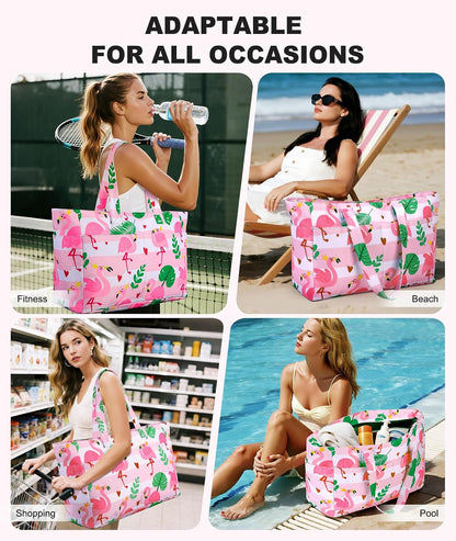 ISEYOU Extra Large Beach Bag Waterproof Beach Totes Bags for Women, Lightweight Foldable Pool Bag with Zipper Wet Compartment