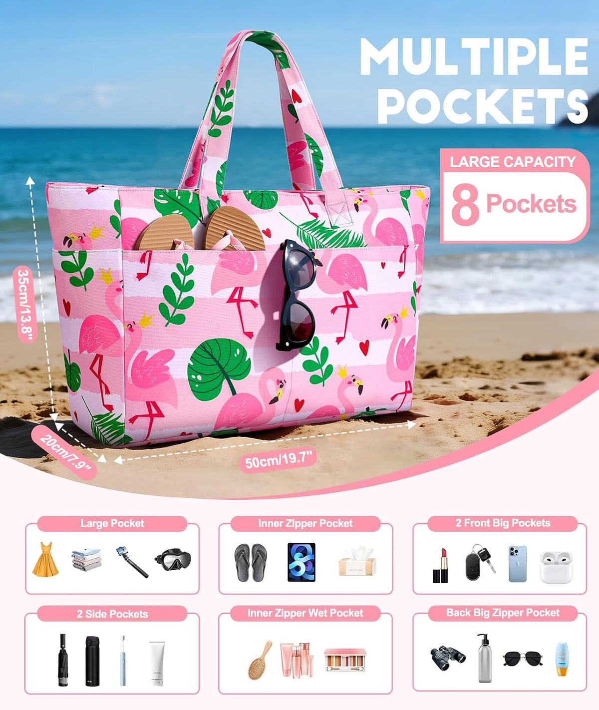 ISEYOU Extra Large Beach Bag Waterproof Beach Totes Bags for Women, Lightweight Foldable Pool Bag with Zipper Wet Compartment