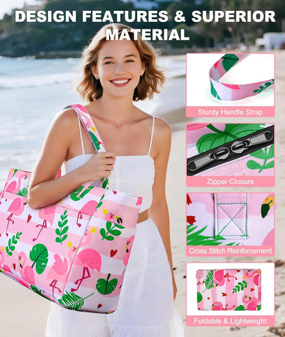 ISEYOU Extra Large Beach Bag Waterproof Beach Totes Bags for Women, Lightweight Foldable Pool Bag with Zipper Wet Compartment