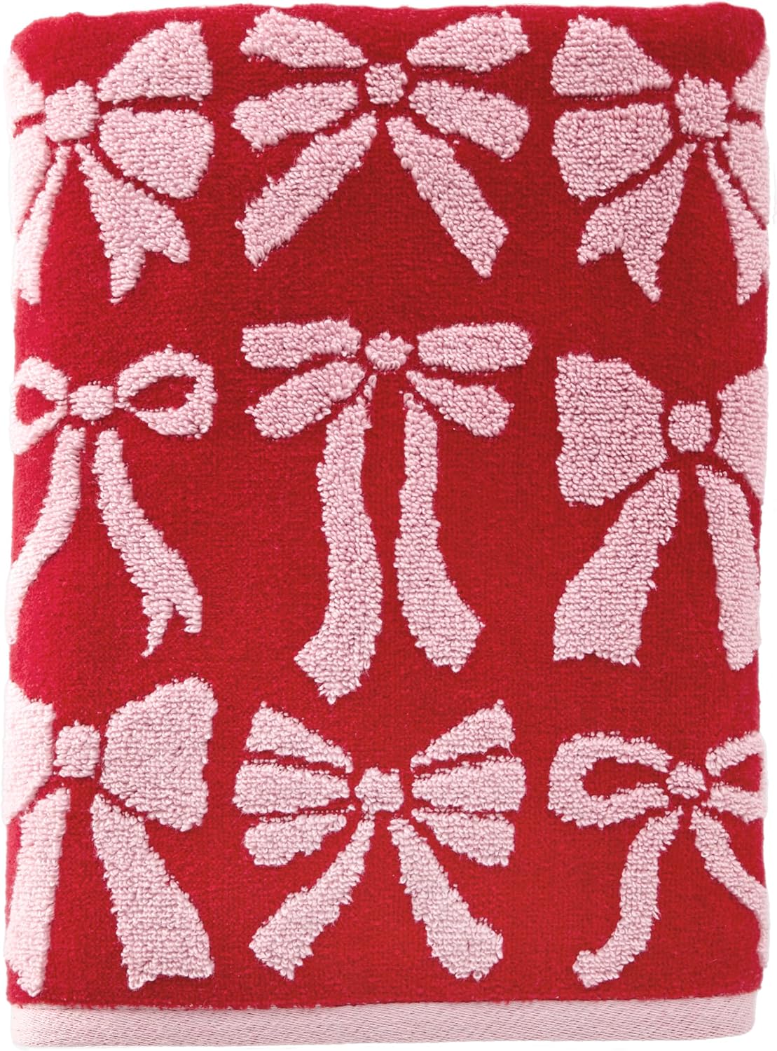 SKL Home Christmas Bow Bath Towel, 100% Cotton Jacquard, Red/Pink