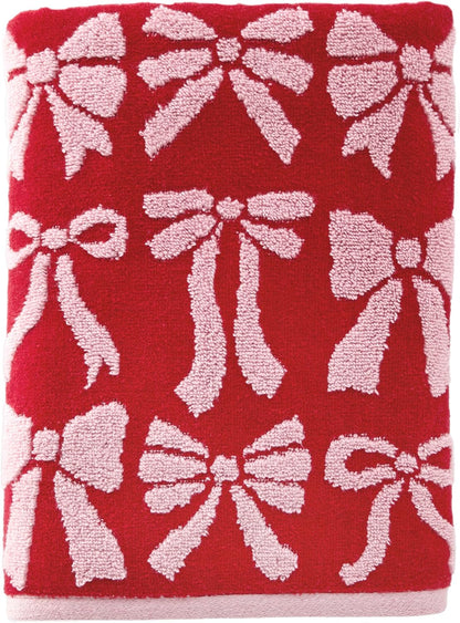 SKL Home Christmas Bow Bath Towel, 100% Cotton Jacquard, Red/Pink