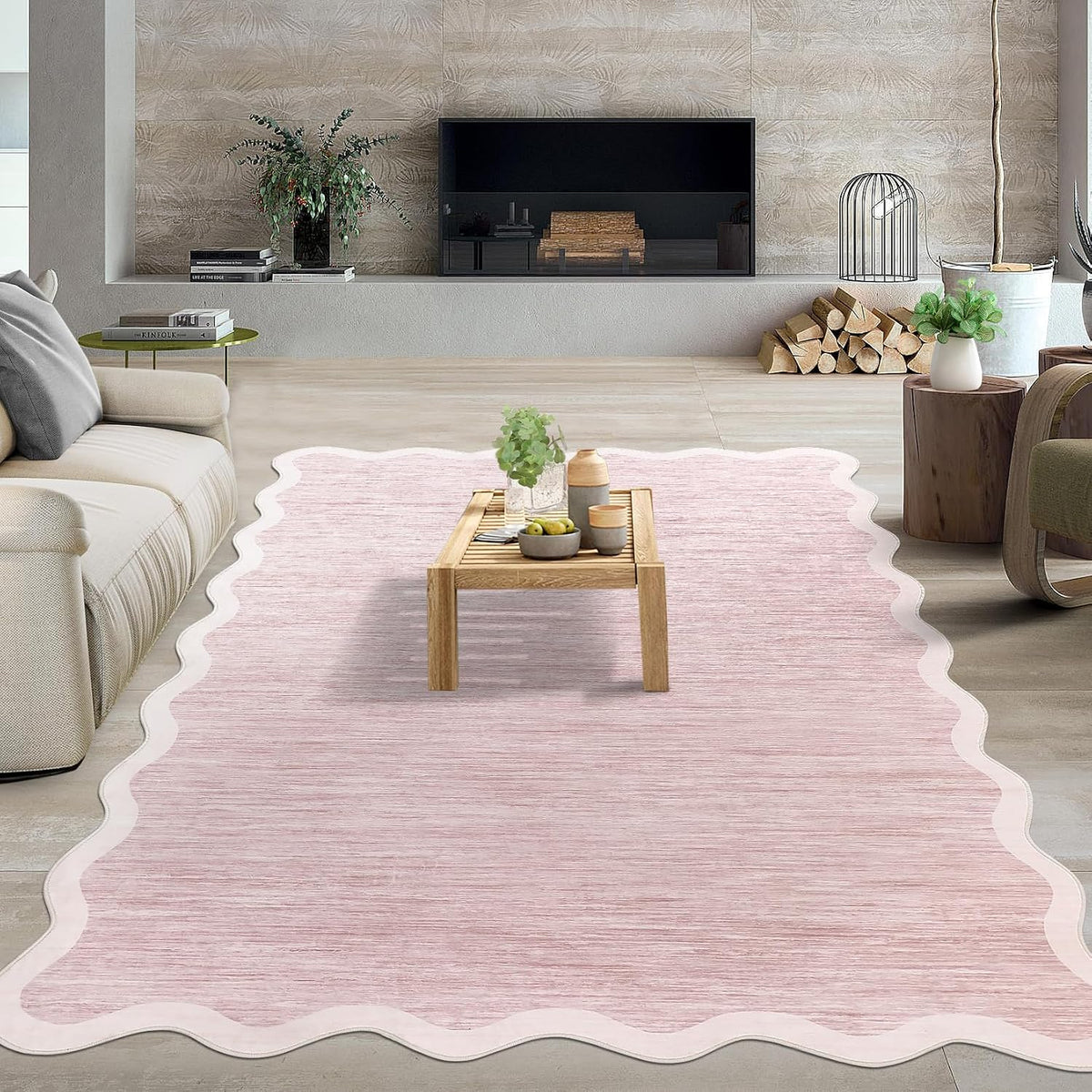 Scalloped Living Room Rug 5x7 Area Rug Washable, Pink