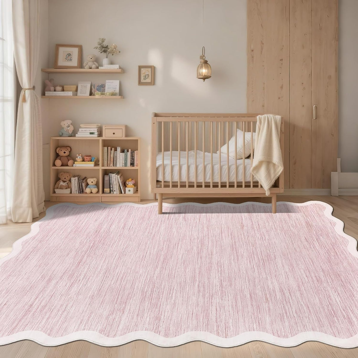 Scalloped Living Room Rug 5x7 Area Rug Washable, Pink