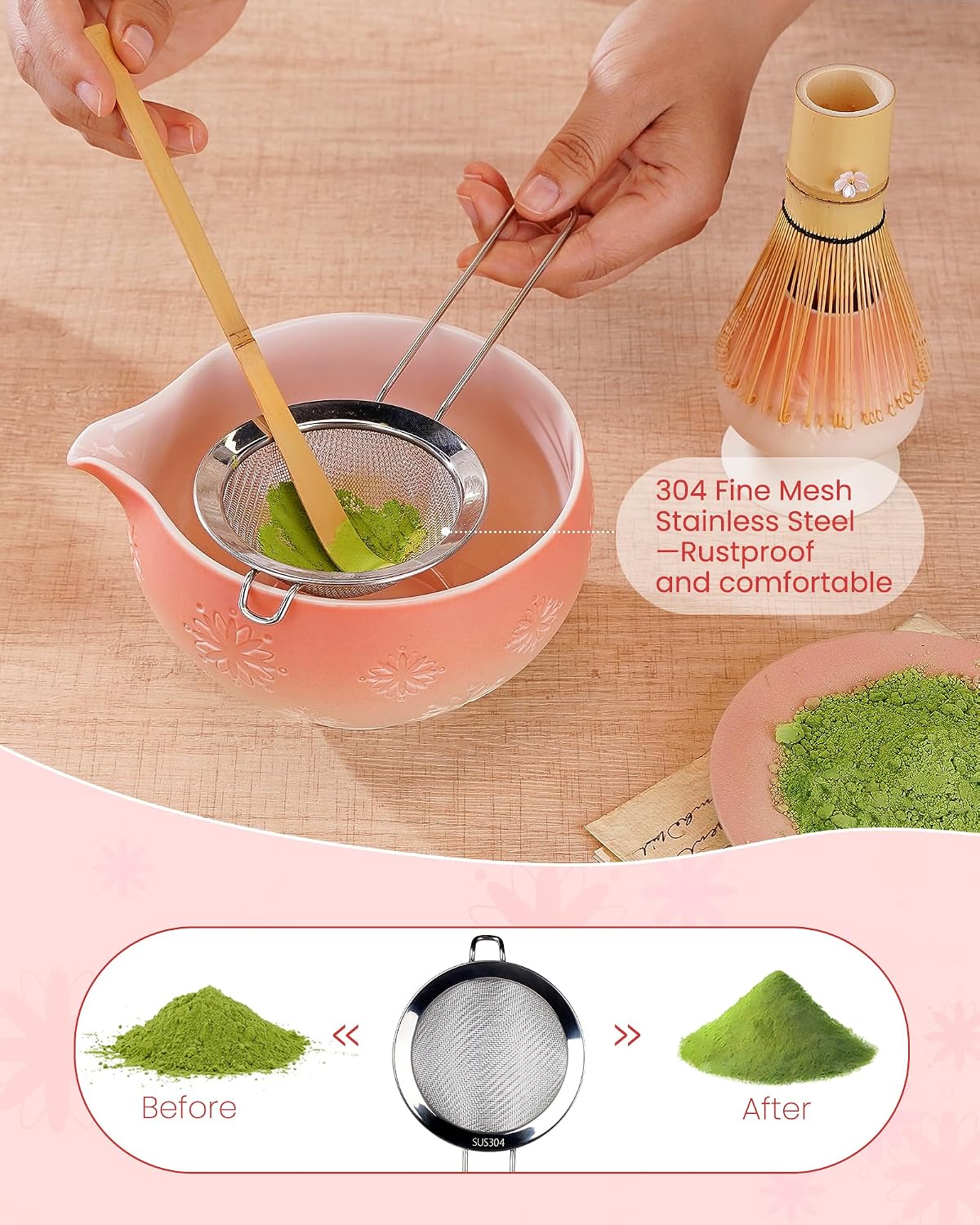 Matcha Whisk Set, 6pcs Matcha Set Kit Includes Matcha Bowl, Bamboo Whisk & Scoop with Cute Charm Design, Chasen Holder, Innovative Sifter, Tea Mat for Japanese Tea Ceremony