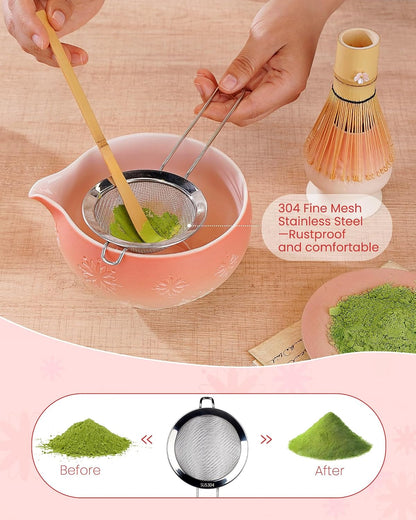 Matcha Whisk Set, 6pcs Matcha Set Kit Includes Matcha Bowl, Bamboo Whisk & Scoop with Cute Charm Design, Chasen Holder, Innovative Sifter, Tea Mat for Japanese Tea Ceremony