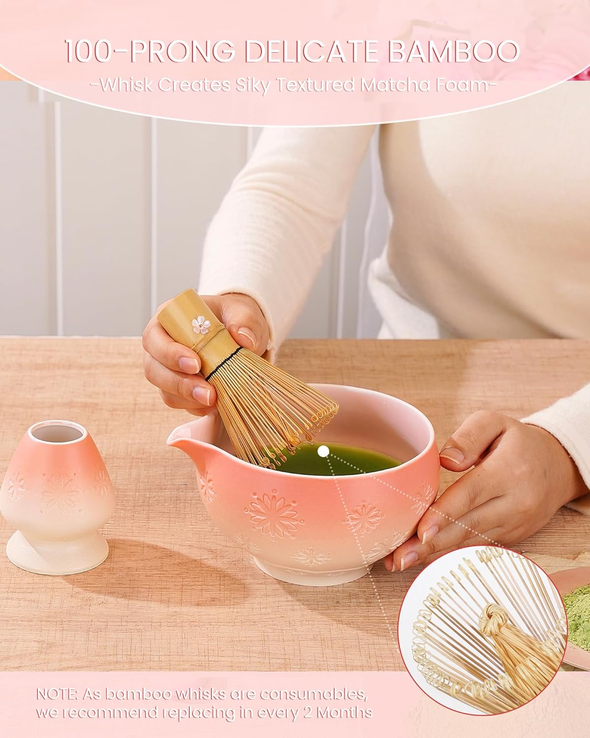 Matcha Whisk Set, 6pcs Matcha Set Kit Includes Matcha Bowl, Bamboo Whisk & Scoop with Cute Charm Design, Chasen Holder, Innovative Sifter, Tea Mat for Japanese Tea Ceremony