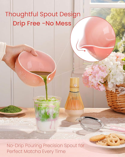 Matcha Whisk Set, 6pcs Matcha Set Kit Includes Matcha Bowl, Bamboo Whisk & Scoop with Cute Charm Design, Chasen Holder, Innovative Sifter, Tea Mat for Japanese Tea Ceremony