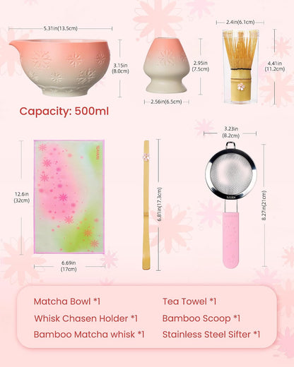 Matcha Whisk Set, 6pcs Matcha Set Kit Includes Matcha Bowl, Bamboo Whisk & Scoop with Cute Charm Design, Chasen Holder, Innovative Sifter, Tea Mat for Japanese Tea Ceremony