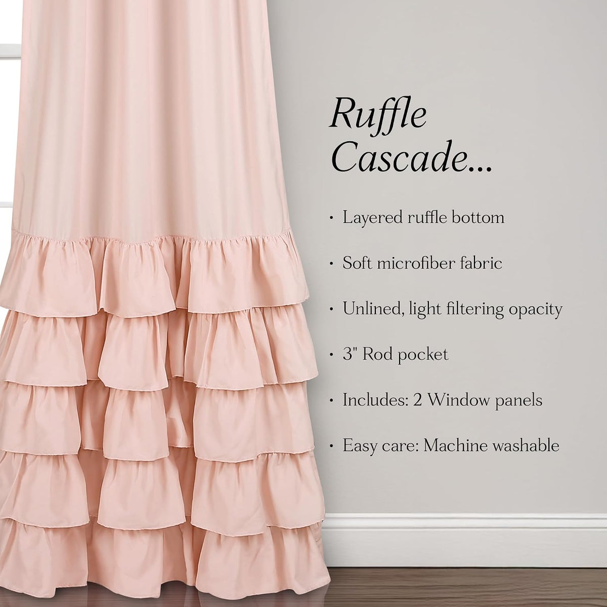 Allison Ruffle Curtains Window Panel Set for Living, Dining Room, Bedroom (Pair), 84 in L, Pink/Blush