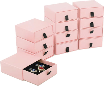 Jewelry Gift Box Velvet-Lined,12 Pack Compact Drawer Style for Earrings & Rings, Necklace & Bracelet Organizer, 3.93x3.93x1.65 Inches, Stackable Elegant Jewelry Display & Storage Box (Pink)