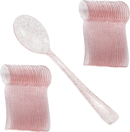 50 Pcs Pink Glitter Plastic Spoons 6.8 Inch Disposable Spoons Pink Glitter Plastic Serving Utensils for Party Wedding Dinner