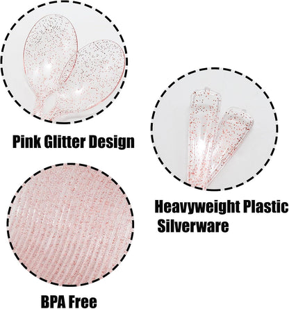 50 Pcs Pink Glitter Plastic Spoons 6.8 Inch Disposable Spoons Pink Glitter Plastic Serving Utensils for Party Wedding Dinner