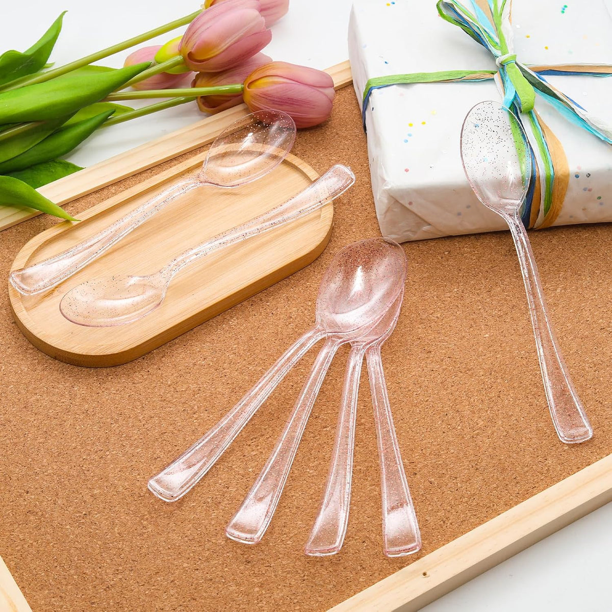 50 Pcs Pink Glitter Plastic Spoons 6.8 Inch Disposable Spoons Pink Glitter Plastic Serving Utensils for Party Wedding Dinner