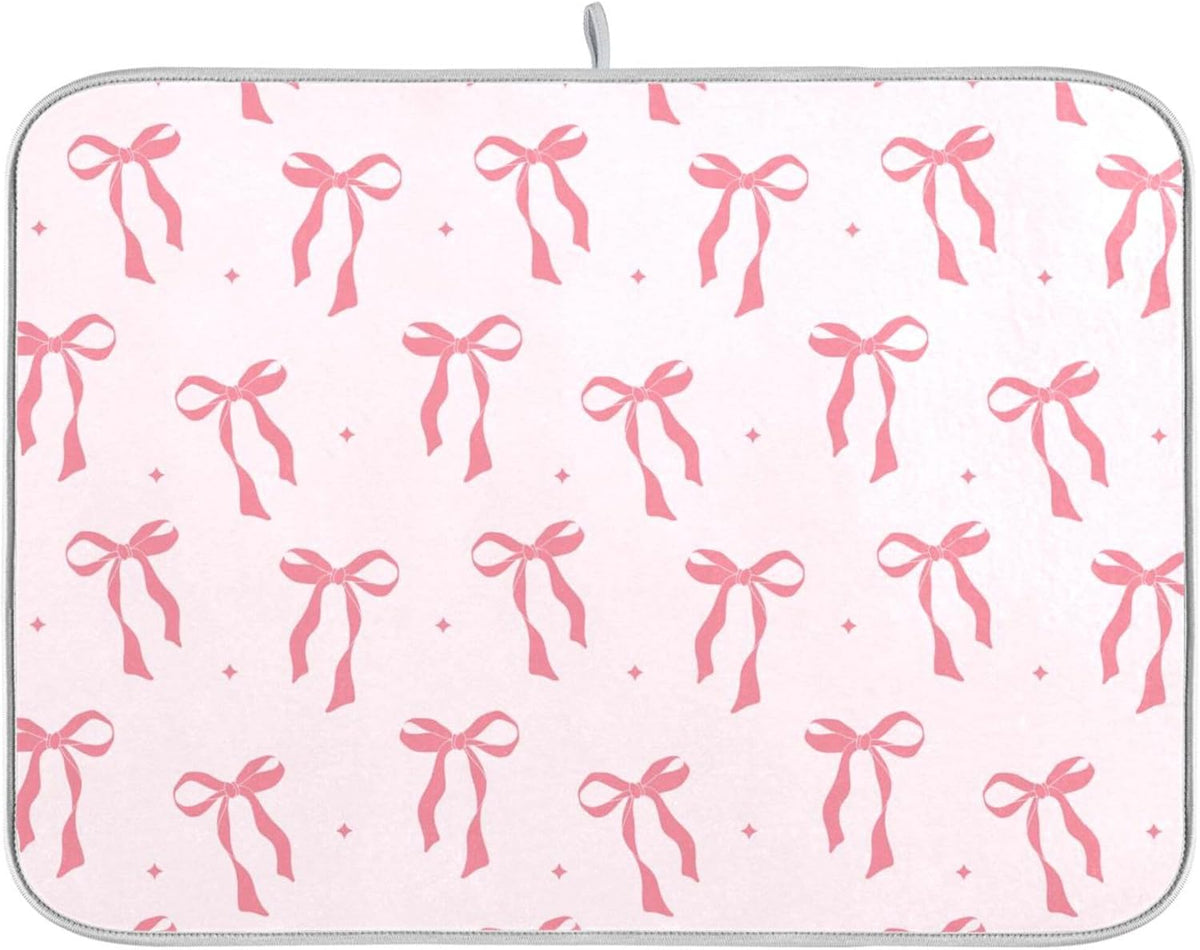 Pink Bow Bowknot Dish Drying Mat for Kitchen Countertop 16x18 Rectangle Small Drying Mat Reusable Quick Dry Dish Sink Absorbent Mats Dishwasher Easy Clean Decorative Home Decor Essentials