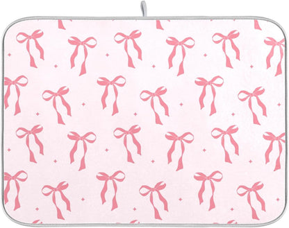 Pink Bow Bowknot Dish Drying Mat for Kitchen Countertop 16x18 Rectangle Small Drying Mat Reusable Quick Dry Dish Sink Absorbent Mats Dishwasher Easy Clean Decorative Home Decor Essentials