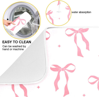 Pink Bow Bowknot Dish Drying Mat for Kitchen Countertop 16x18 Rectangle Small Drying Mat Reusable Quick Dry Dish Sink Absorbent Mats Dishwasher Easy Clean Decorative Home Decor Essentials