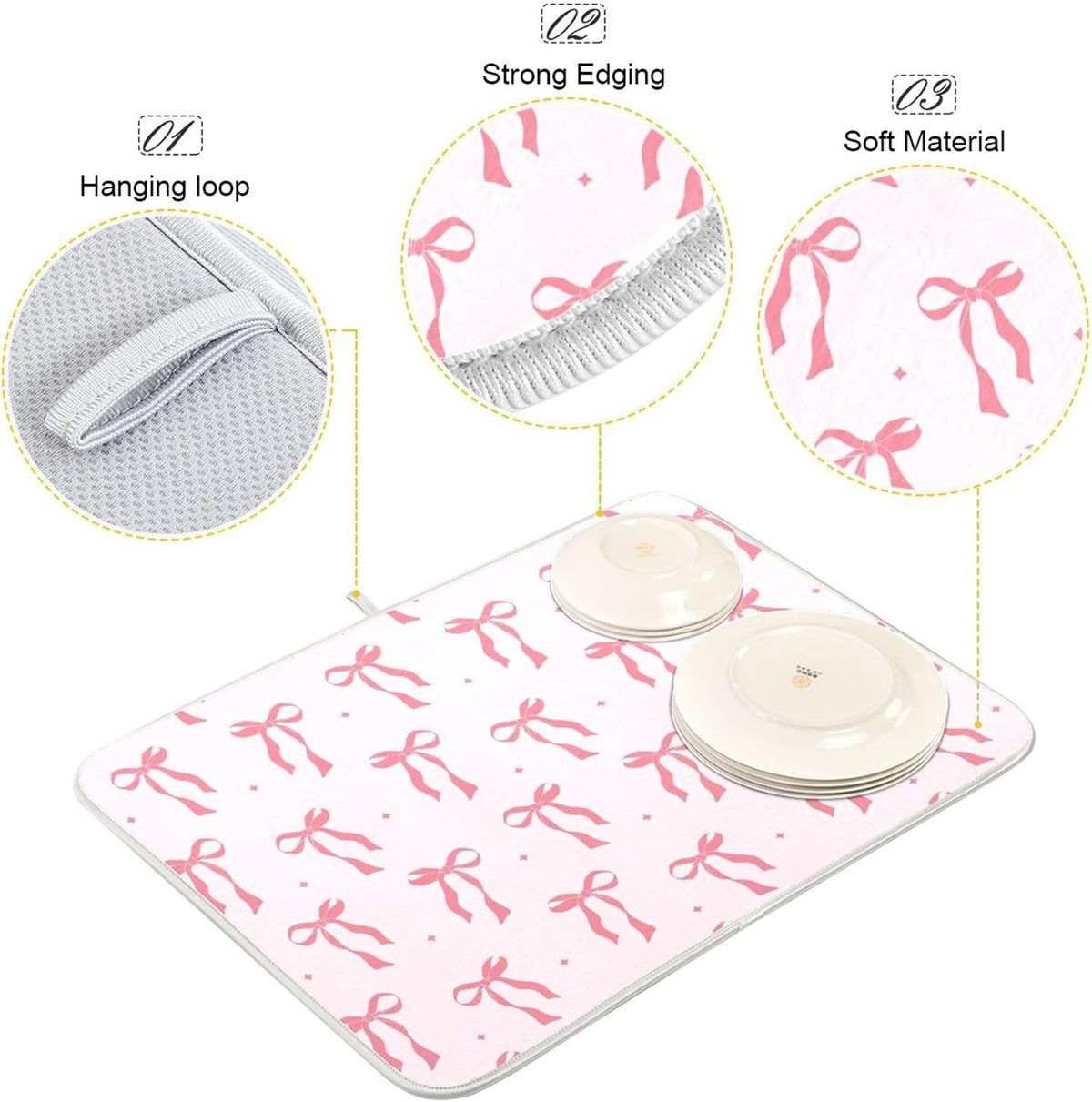 Pink Bow Bowknot Dish Drying Mat for Kitchen Countertop 16x18 Rectangle Small Drying Mat Reusable Quick Dry Dish Sink Absorbent Mats Dishwasher Easy Clean Decorative Home Decor Essentials