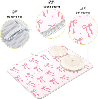 Pink Bow Bowknot Dish Drying Mat for Kitchen Countertop 16x18 Rectangle Small Drying Mat Reusable Quick Dry Dish Sink Absorbent Mats Dishwasher Easy Clean Decorative Home Decor Essentials