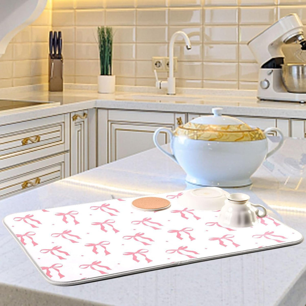Pink Bow Bowknot Dish Drying Mat for Kitchen Countertop 16x18 Rectangle Small Drying Mat Reusable Quick Dry Dish Sink Absorbent Mats Dishwasher Easy Clean Decorative Home Decor Essentials