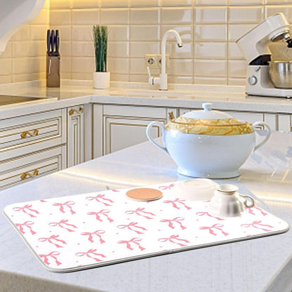 Pink Bow Bowknot Dish Drying Mat for Kitchen Countertop 16x18 Rectangle Small Drying Mat Reusable Quick Dry Dish Sink Absorbent Mats Dishwasher Easy Clean Decorative Home Decor Essentials