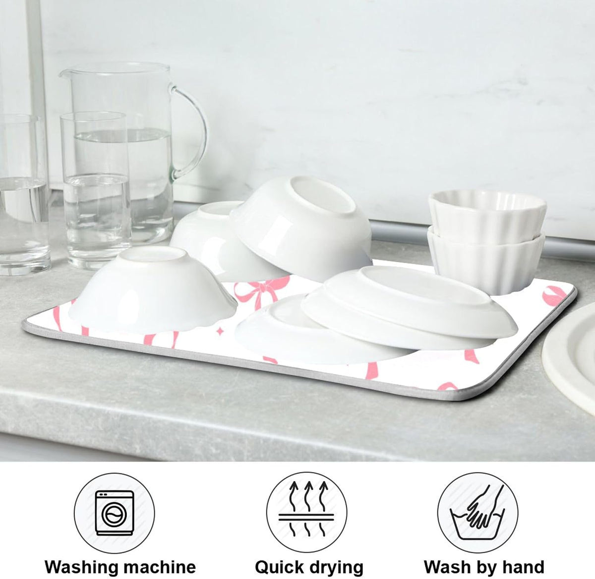 Pink Bow Bowknot Dish Drying Mat for Kitchen Countertop 16x18 Rectangle Small Drying Mat Reusable Quick Dry Dish Sink Absorbent Mats Dishwasher Easy Clean Decorative Home Decor Essentials