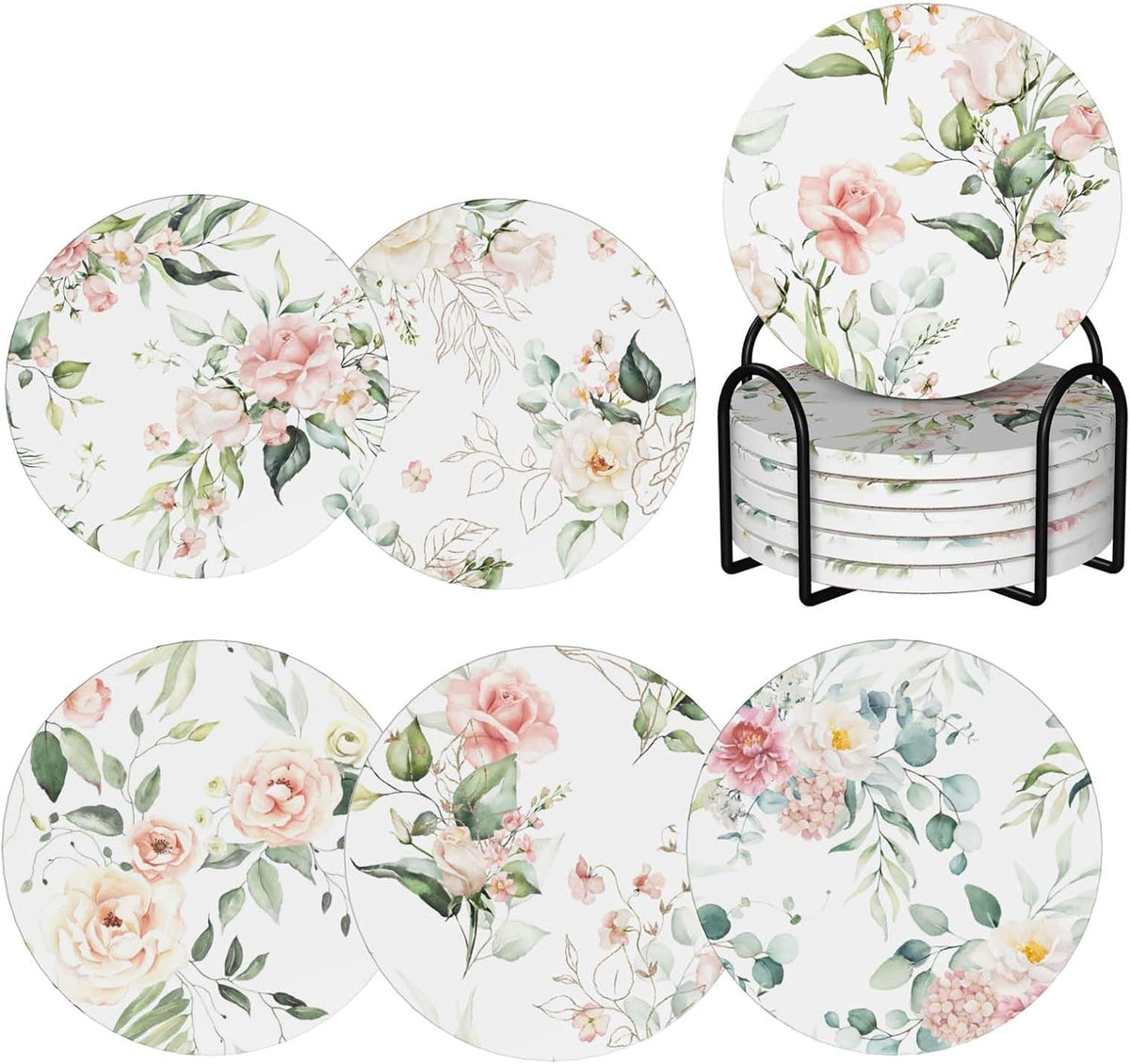 Coasters for Drinks Absorbent with Holder,Pink Roses Flowers Floral Green Leaf,Sets of 6 Durable Ceramic Cup Coaster for Coffee Table with Cork Base,Great Housewarming Birthday Gifts,Home Office Decor