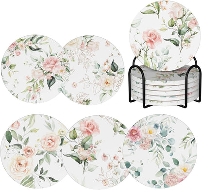 Coasters for Drinks Absorbent with Holder,Pink Roses Flowers Floral Green Leaf,Sets of 6 Durable Ceramic Cup Coaster for Coffee Table with Cork Base,Great Housewarming Birthday Gifts,Home Office Decor