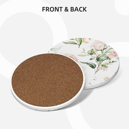 Coasters for Drinks Absorbent with Holder,Pink Roses Flowers Floral Green Leaf,Sets of 6 Durable Ceramic Cup Coaster for Coffee Table with Cork Base,Great Housewarming Birthday Gifts,Home Office Decor