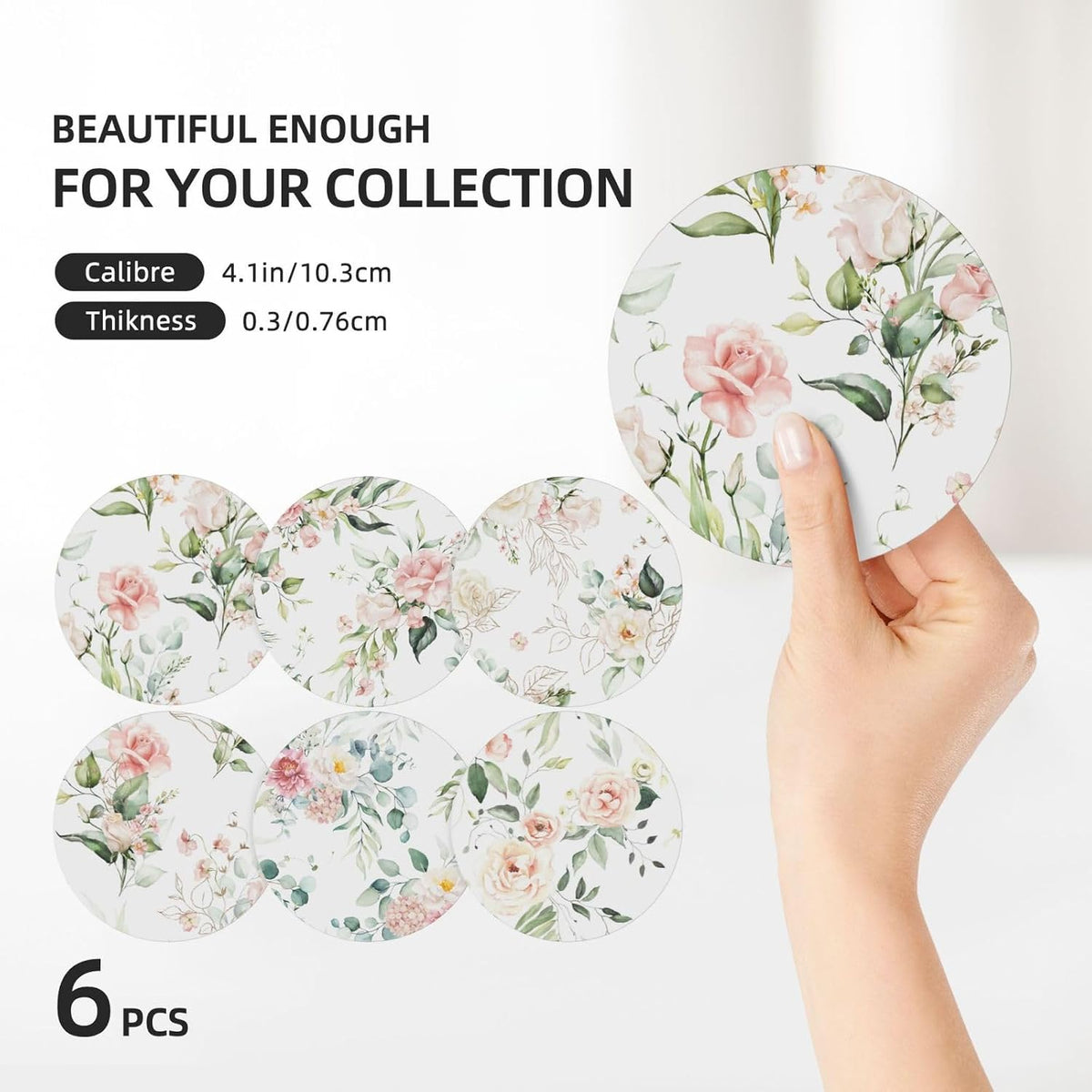 Coasters for Drinks Absorbent with Holder,Pink Roses Flowers Floral Green Leaf,Sets of 6 Durable Ceramic Cup Coaster for Coffee Table with Cork Base,Great Housewarming Birthday Gifts,Home Office Decor