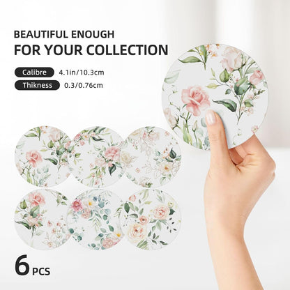 Coasters for Drinks Absorbent with Holder,Pink Roses Flowers Floral Green Leaf,Sets of 6 Durable Ceramic Cup Coaster for Coffee Table with Cork Base,Great Housewarming Birthday Gifts,Home Office Decor