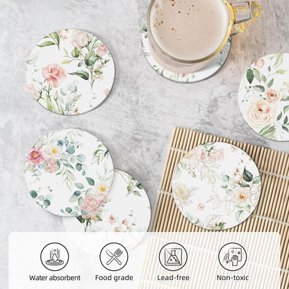 Coasters for Drinks Absorbent with Holder,Pink Roses Flowers Floral Green Leaf,Sets of 6 Durable Ceramic Cup Coaster for Coffee Table with Cork Base,Great Housewarming Birthday Gifts,Home Office Decor