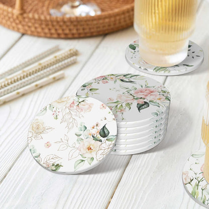 Coasters for Drinks Absorbent with Holder,Pink Roses Flowers Floral Green Leaf,Sets of 6 Durable Ceramic Cup Coaster for Coffee Table with Cork Base,Great Housewarming Birthday Gifts,Home Office Decor