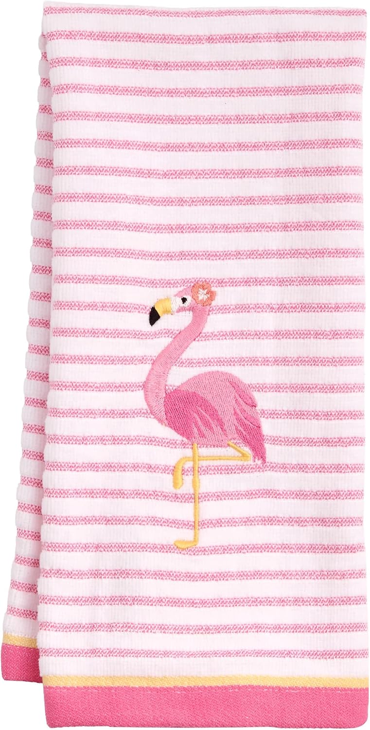2-Piece Cotton Velour Bathroom Hand Towel Set, Embroidered Flamingo Design, Soft Pink Pinstripe Decorative Towels for Tropical, Coastal, or Pool House Decor, 16” x 26”
