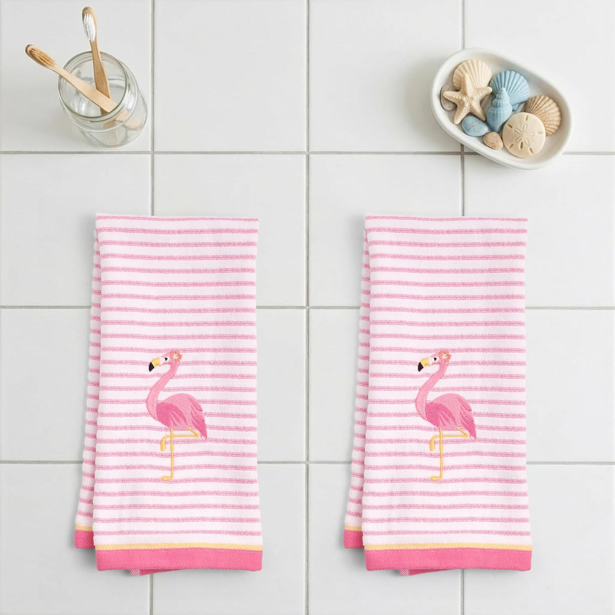2-Piece Cotton Velour Bathroom Hand Towel Set, Embroidered Flamingo Design, Soft Pink Pinstripe Decorative Towels for Tropical, Coastal, or Pool House Decor, 16” x 26”