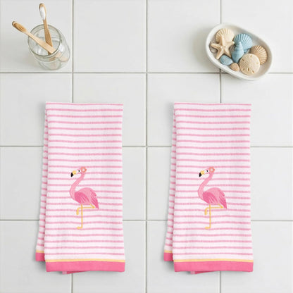 2-Piece Cotton Velour Bathroom Hand Towel Set, Embroidered Flamingo Design, Soft Pink Pinstripe Decorative Towels for Tropical, Coastal, or Pool House Decor, 16” x 26”