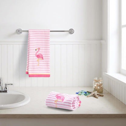 2-Piece Cotton Velour Bathroom Hand Towel Set, Embroidered Flamingo Design, Soft Pink Pinstripe Decorative Towels for Tropical, Coastal, or Pool House Decor, 16” x 26”