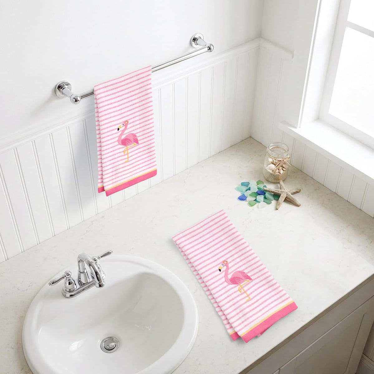 2-Piece Cotton Velour Bathroom Hand Towel Set, Embroidered Flamingo Design, Soft Pink Pinstripe Decorative Towels for Tropical, Coastal, or Pool House Decor, 16” x 26”