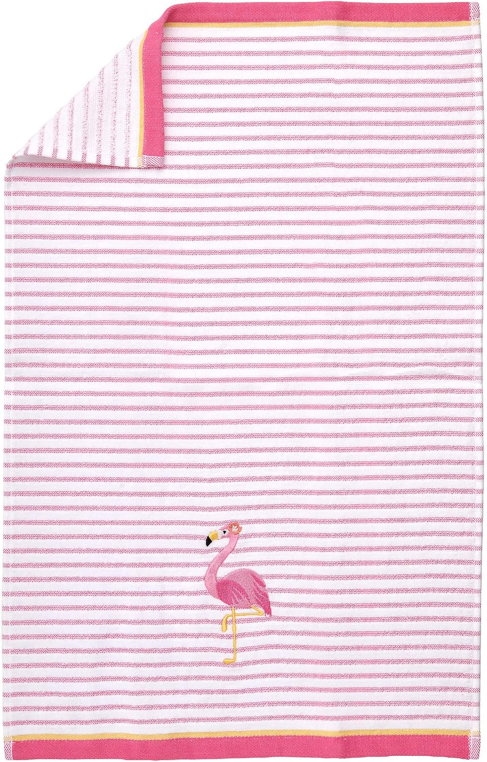 2-Piece Cotton Velour Bathroom Hand Towel Set, Embroidered Flamingo Design, Soft Pink Pinstripe Decorative Towels for Tropical, Coastal, or Pool House Decor, 16” x 26”