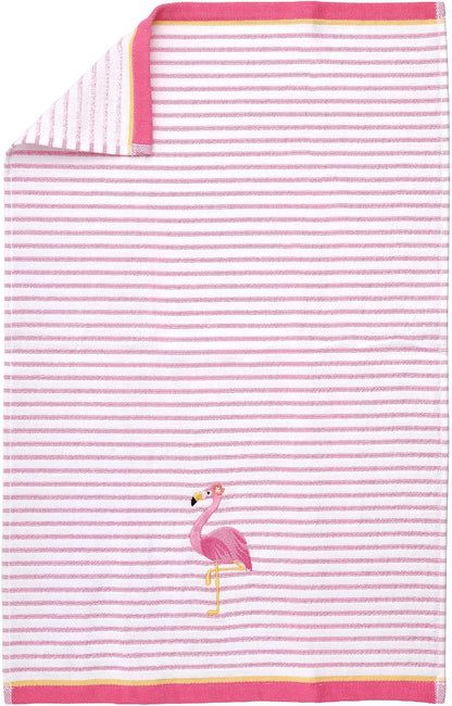 2-Piece Cotton Velour Bathroom Hand Towel Set, Embroidered Flamingo Design, Soft Pink Pinstripe Decorative Towels for Tropical, Coastal, or Pool House Decor, 16” x 26”
